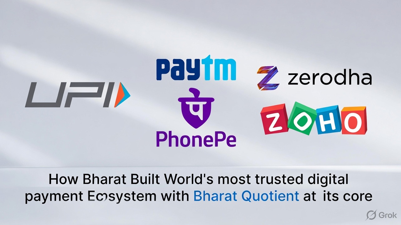 UPI, Paytm, PhonePe, Zerodha and Zoho logos — How Bharat built the world's most trusted digital payment ecosystem with Bharat Quotient at its core